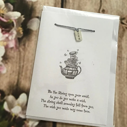 Alice in Wonderland Teacups Card, Drink Me! - with lucky bracelet, wish bracelet (WHITE CARD)