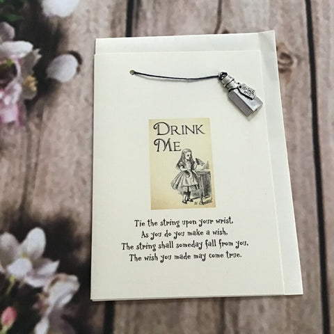 Alice in Wonderland, Drink Me Card - Drink Me! Bottle charm with lucky bracelet, wish bracelet (CREAM CARD)